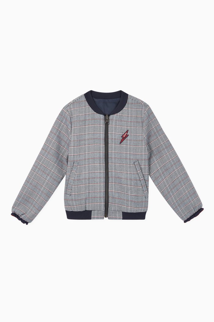 Prince-of-Wales Reversible Satin Bomber Jacket, Blue