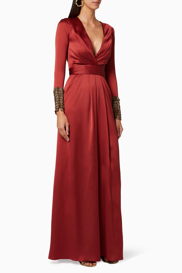 

Fringe Satin Gown, Red