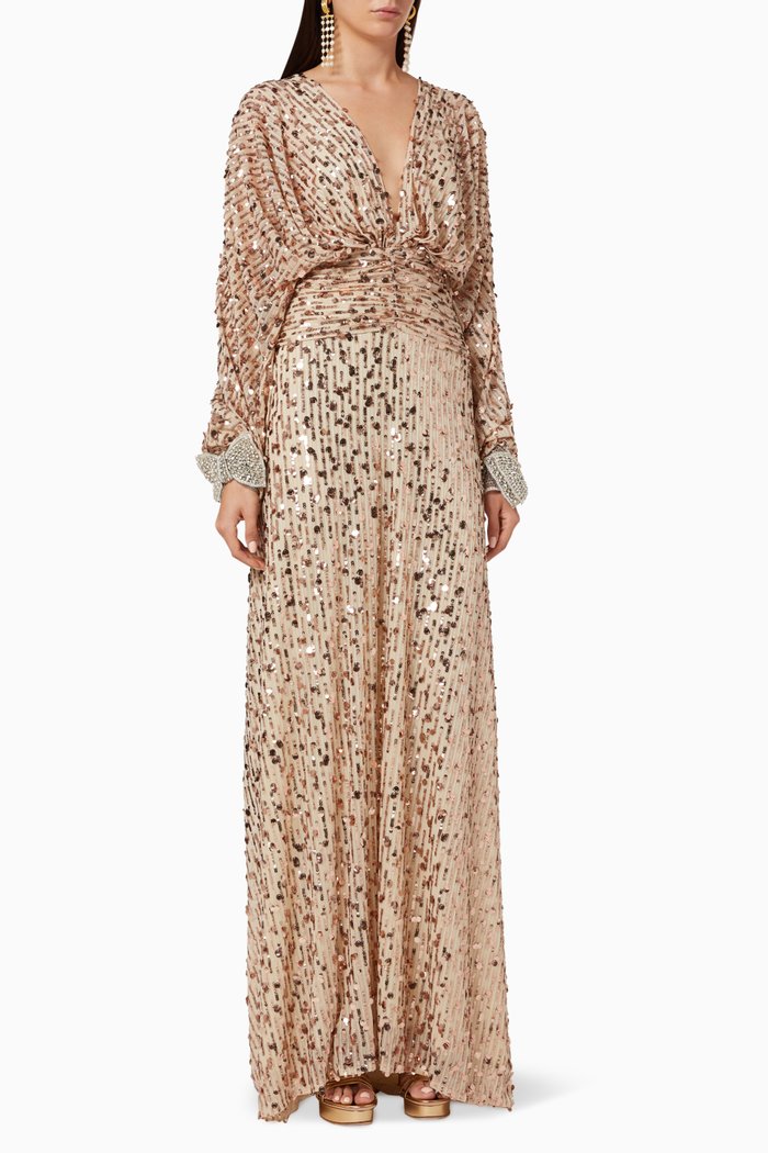 

Sequin Embellished Ruched Gown, Neutral