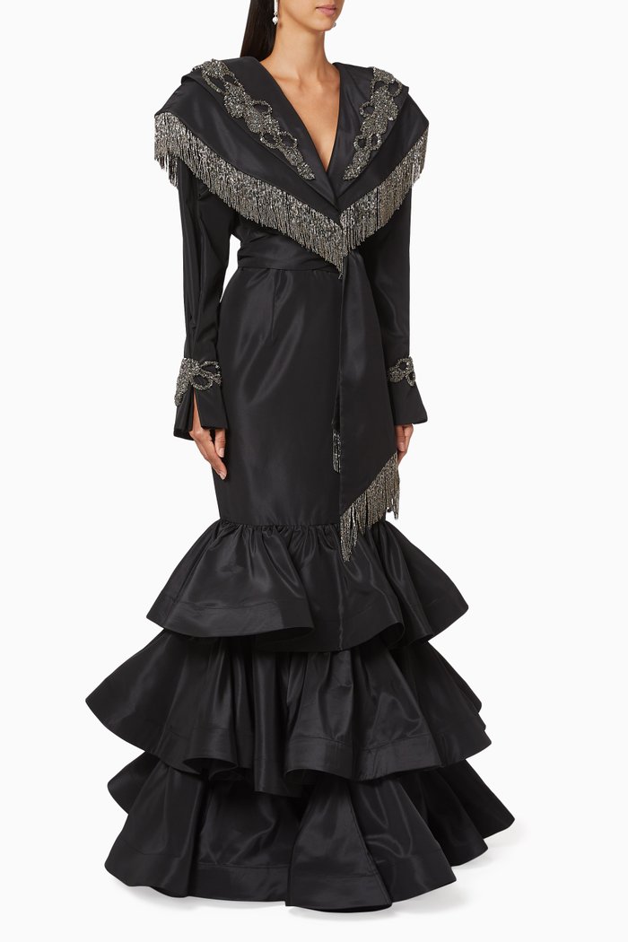 Embroidered Collar Gown with Tiered Skirt, Black