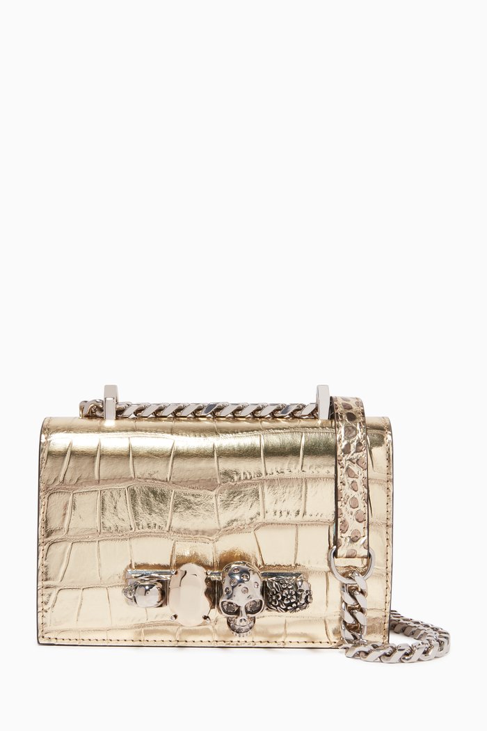 

Mini Jewelled Satchel in Metallic Croc-Embossed Calfskin, Gold