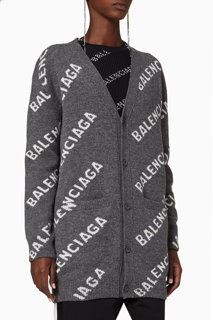 

Logo Jacquard Cardigan in Wool, Grey