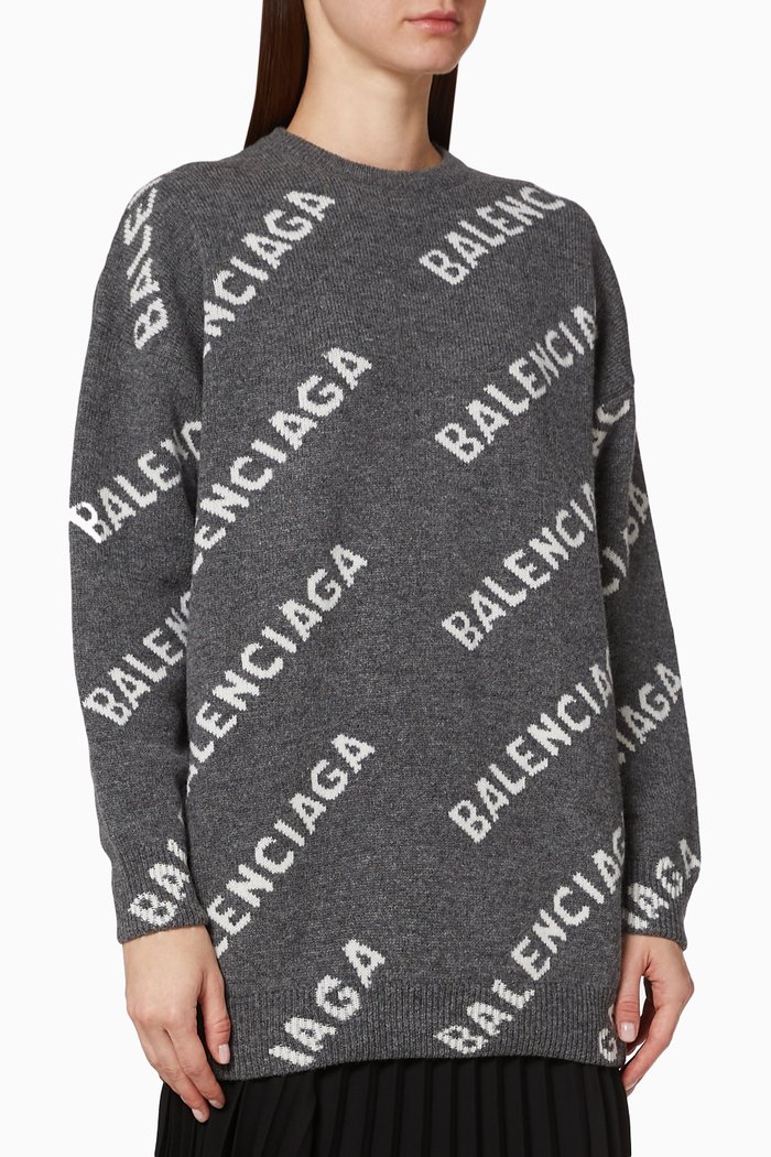 

Allover Logo Crewneck in Wool Jacquard Knit, Grey