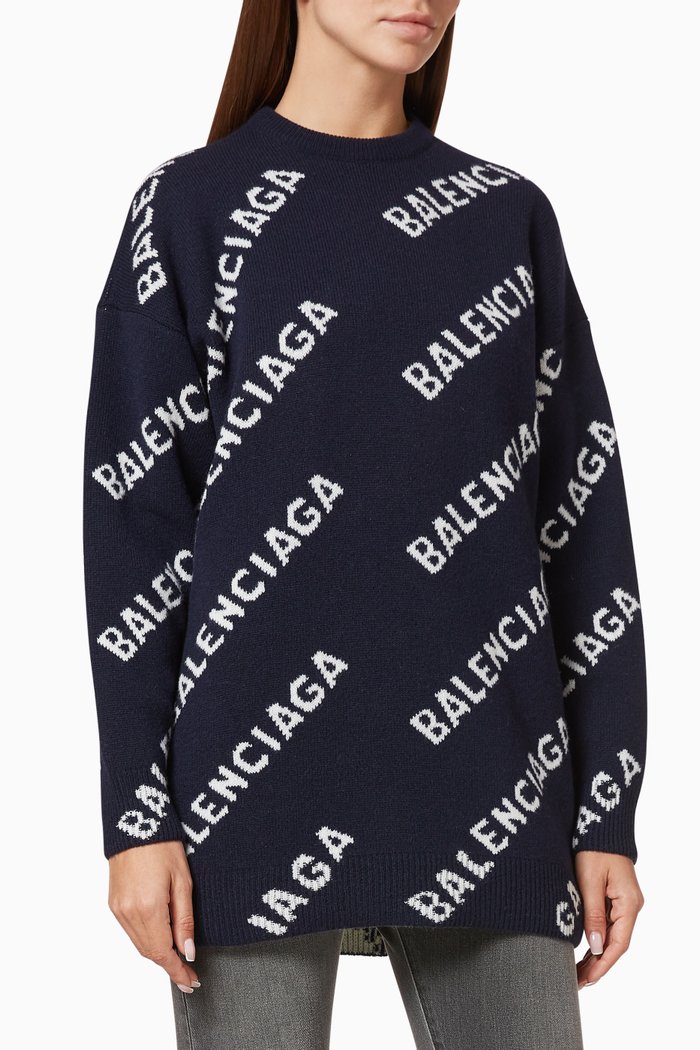

Allover Logo Crewneck in Wool Jacquard Knit, Blue