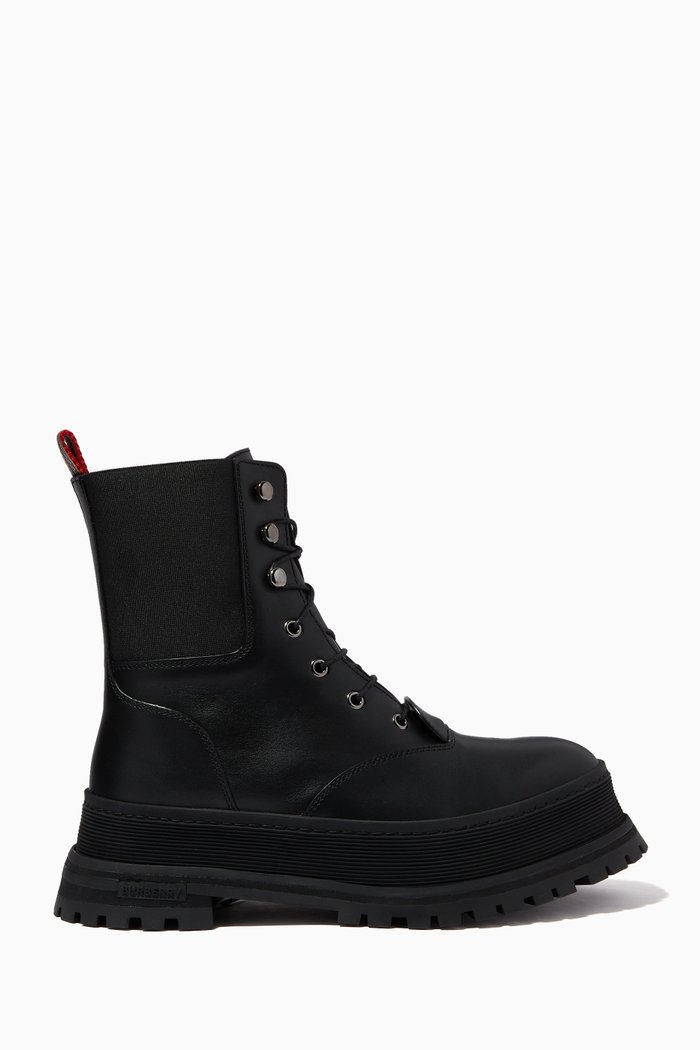 

Icon Stripe Detail Lace-up Boots in Leather, Black