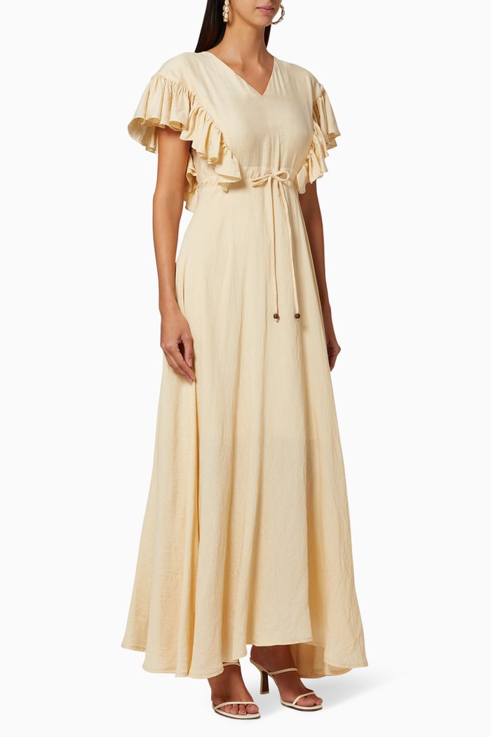 

Frilled Sleeves Cotton Maxi Dress, Gold