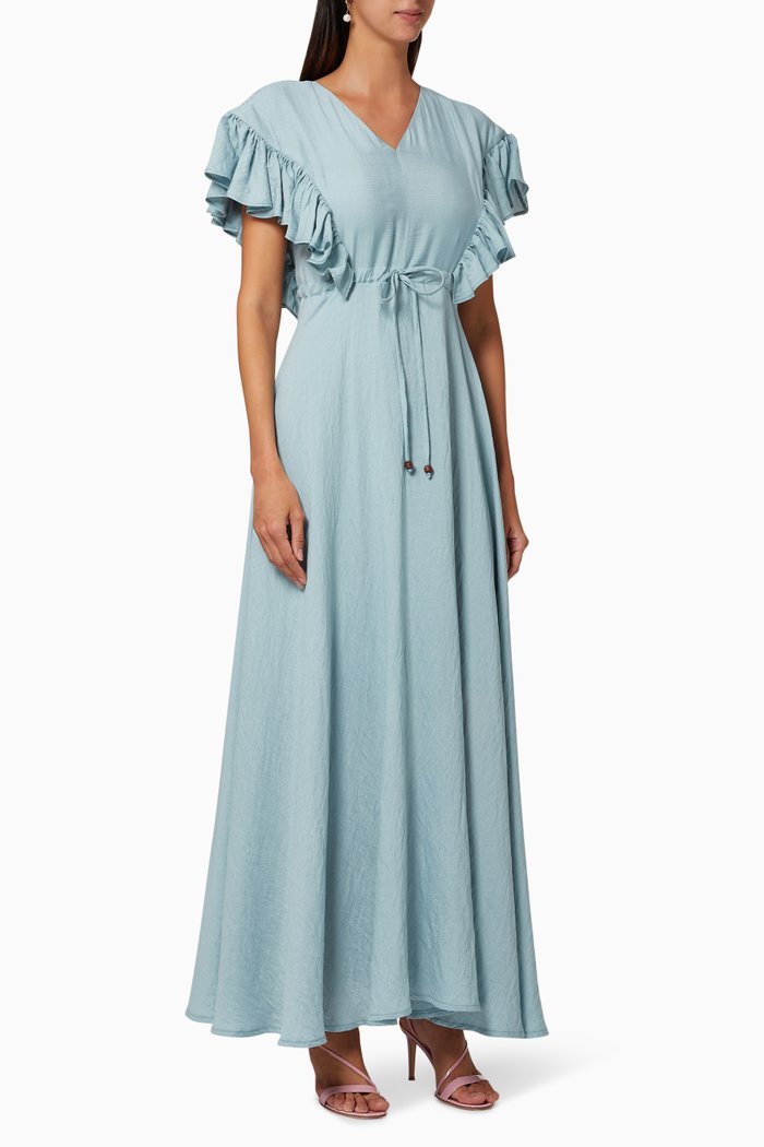 

Frilled Sleeves Cotton Maxi Dress, Blue
