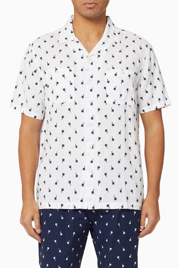 

Embroidered Palms Linen Camp Shirt, White