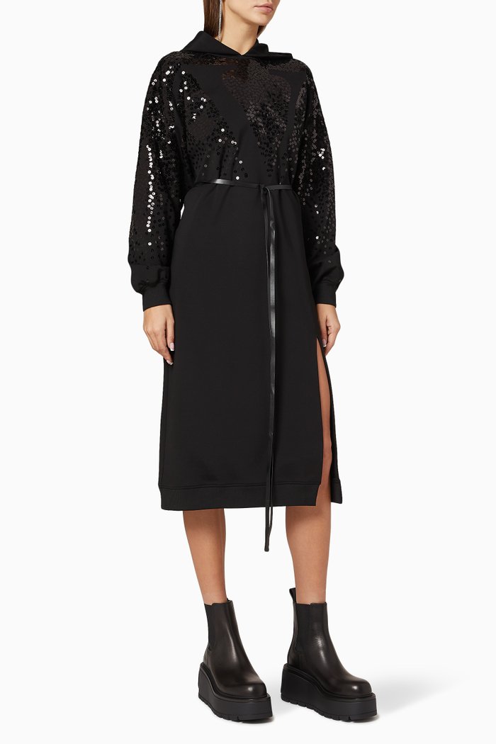 VLOGO Sequinned Jersey Hoodie Dress, Black