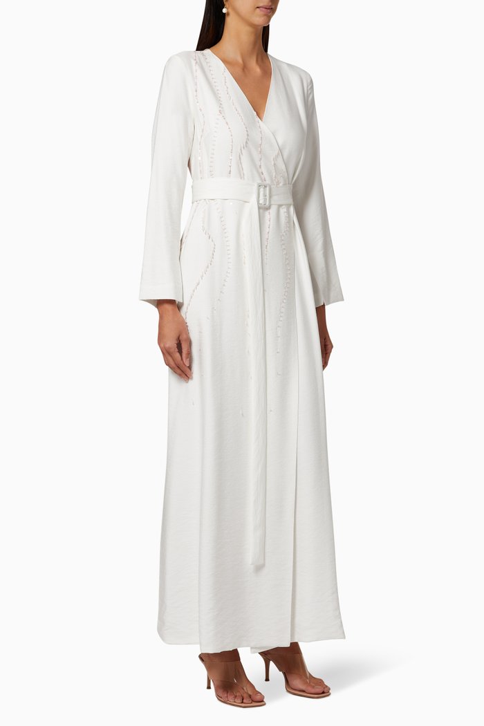 

Embroidered Belted Coat Dress, White