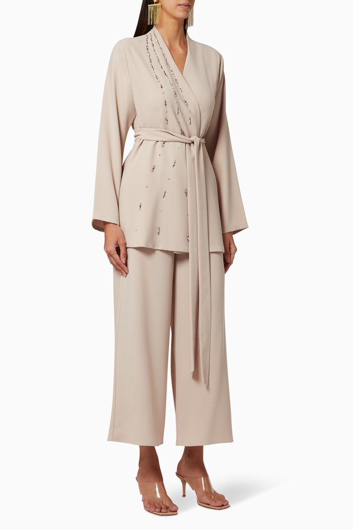 

Wave Embroidered Belted Jacket, Neutral
