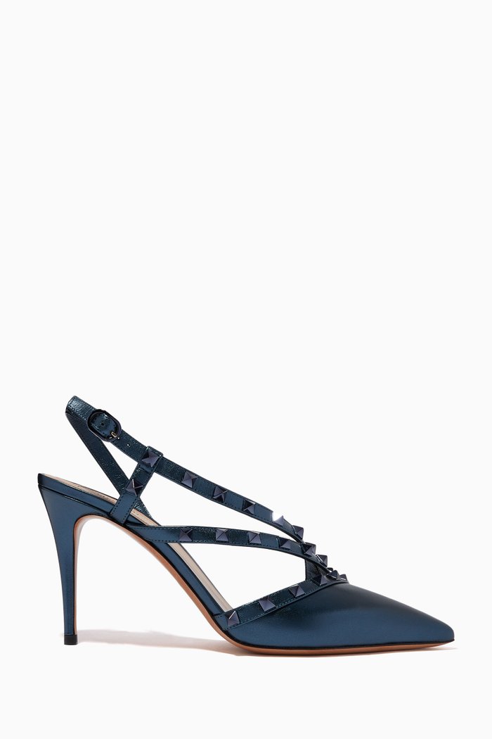 

Valentino Garavani Rockstud 90 Slingback Pumps in Laminated Nappa, Blue