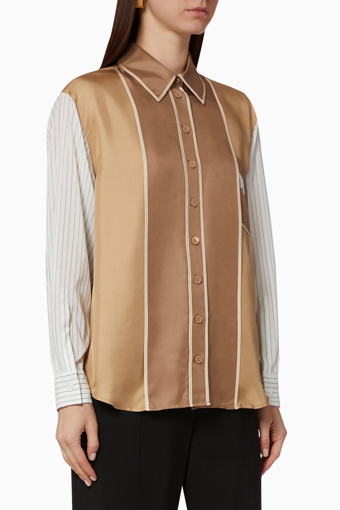 

Logo Appliqué Pinstriped Sleeve Silk Shirt, Neutral