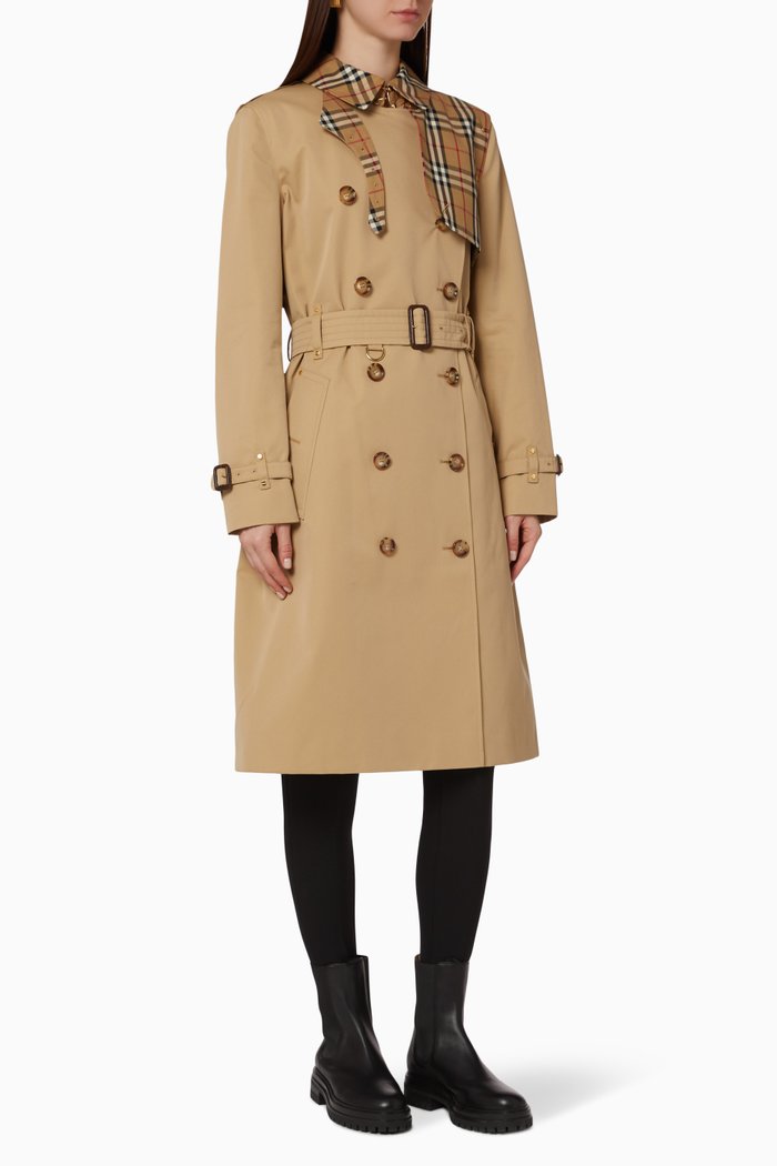 

Vintage Check Panel Cotton Gabardine Trench Coat, Neutral