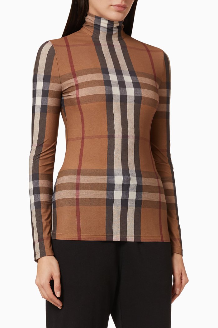 

Check Stretch Jersey Turtleneck Top, Neutral