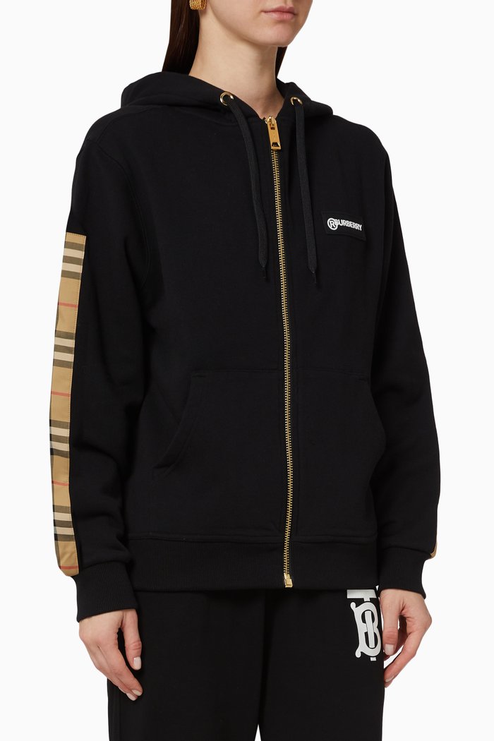 

Vintage Check Panel Cotton Oversized Hooded Top, Black