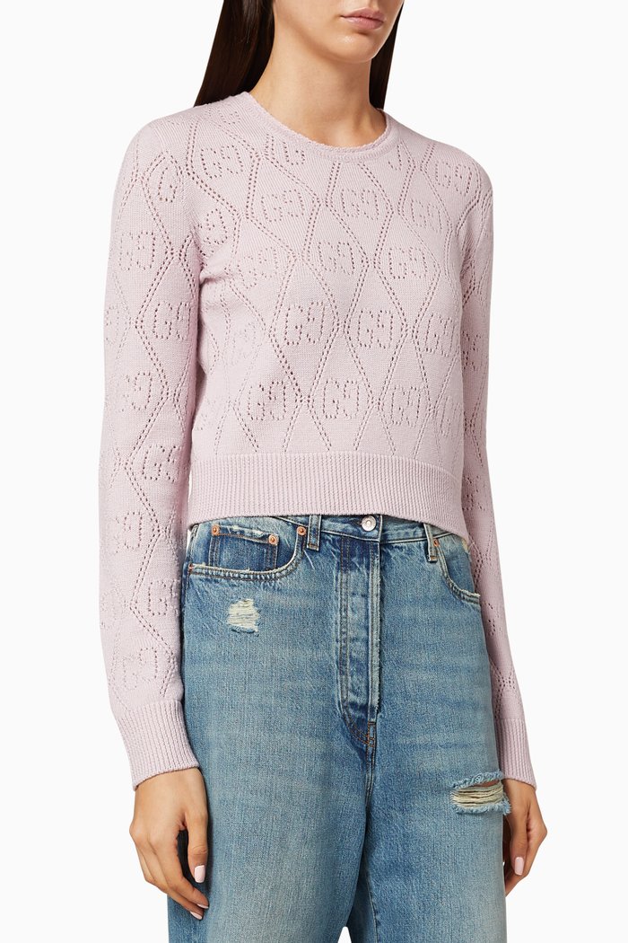 

GG Perforated Wool Crop Sweater, Pink