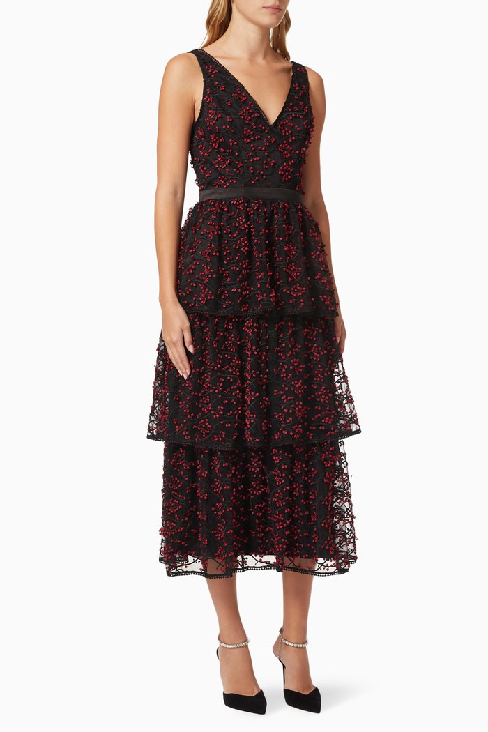 

Delightful Embroidered Midi Dress, Black