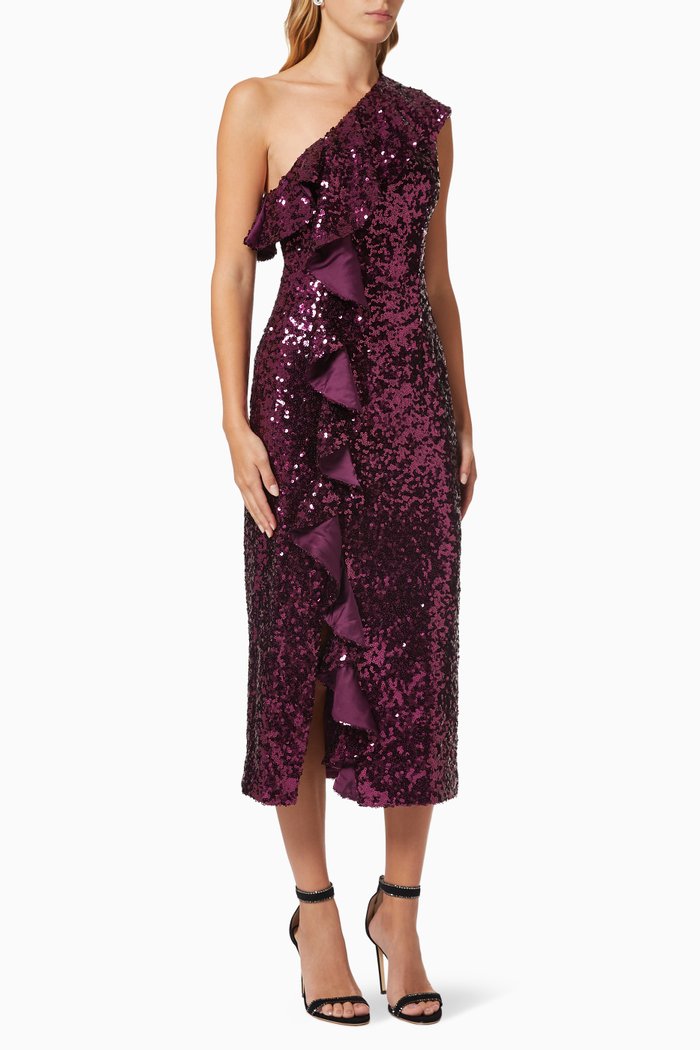 

Landslide One-shoulder Midi Dress in Sequin, Burgundy