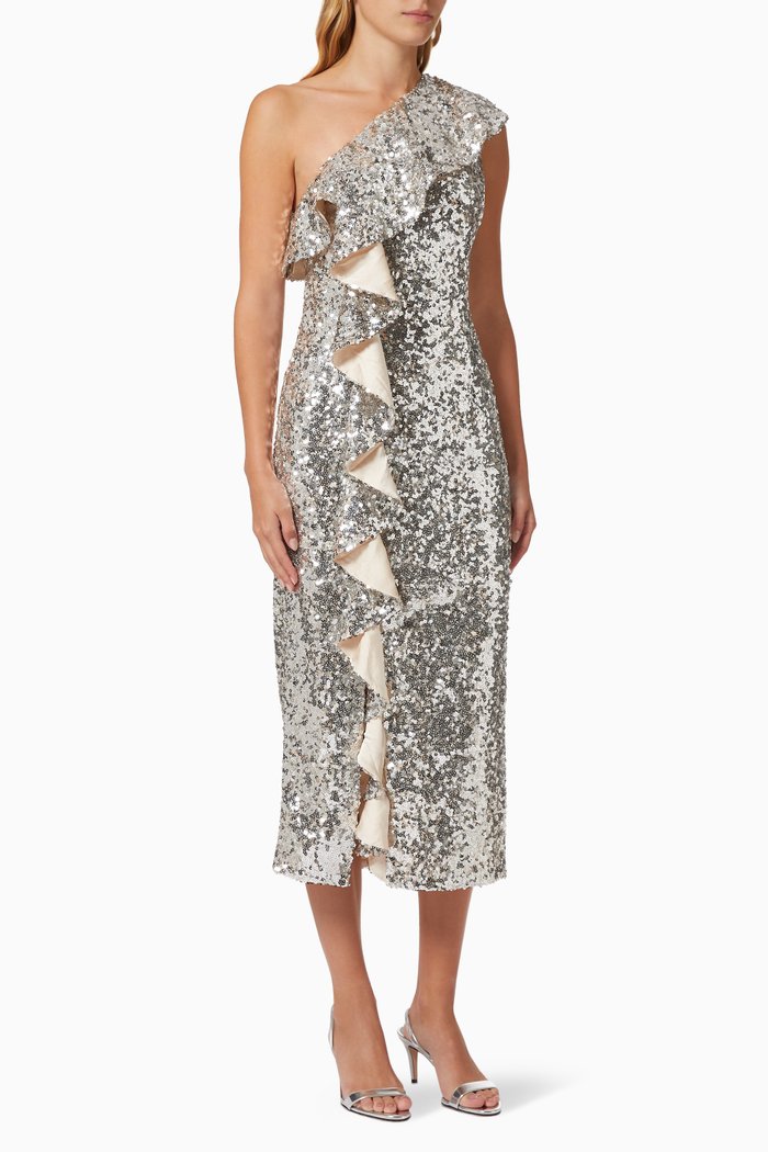 

Landslide One-shoulder Midi Dress in Sequin, Silver