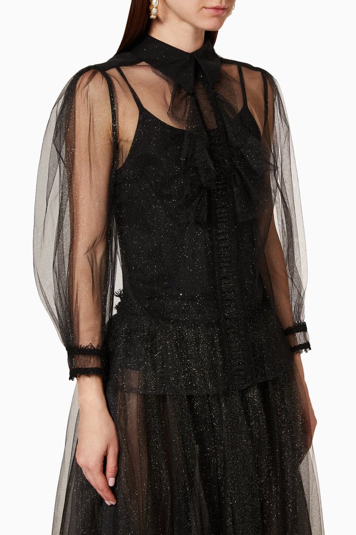 Ruffle Glittered Tulle Blouse, Black