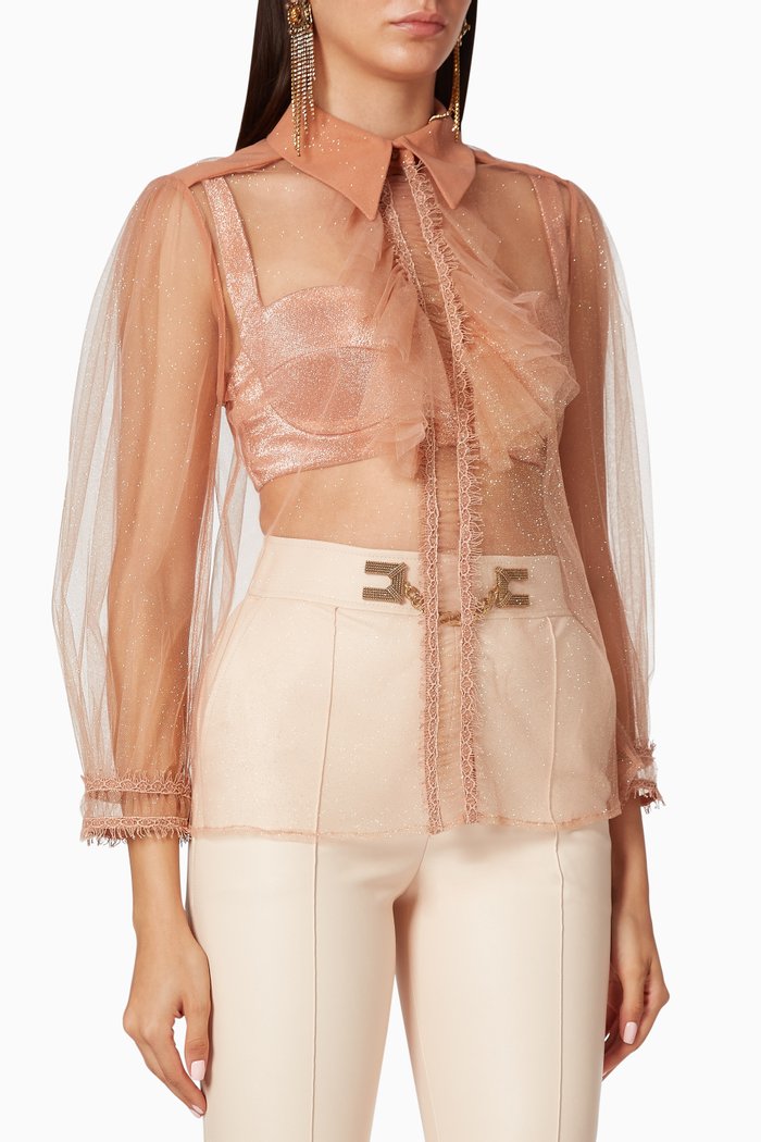 

Ruffle Glittered Tulle Blouse, Rose gold