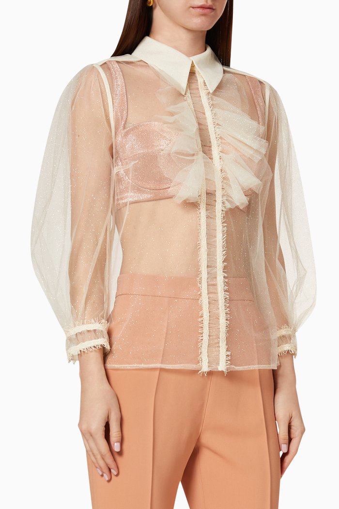 

Ruffle Glittered Tulle Blouse, White