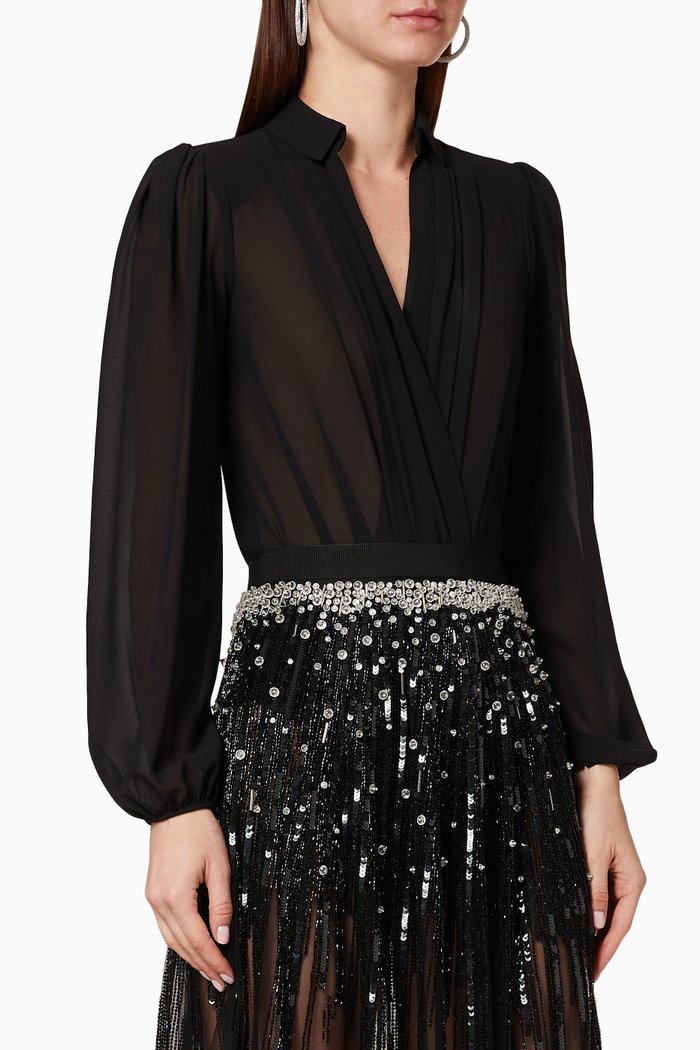 

Puff Sleeves Georgette Bodysuit, Black