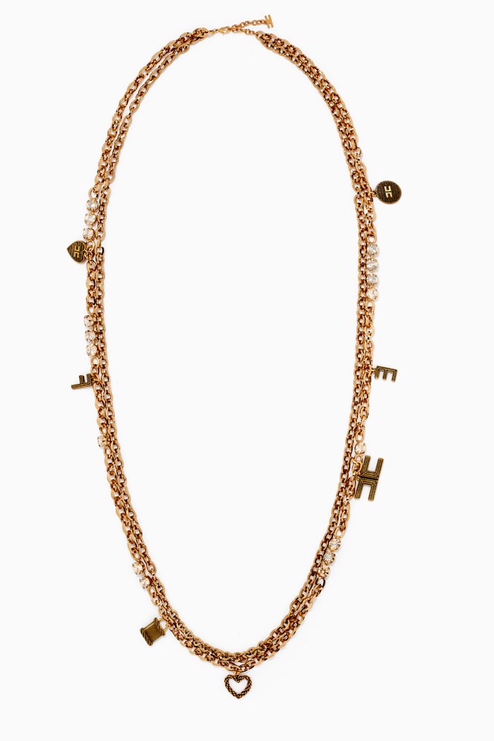 

Logo & Rhinestone Chain Necklace, Gold