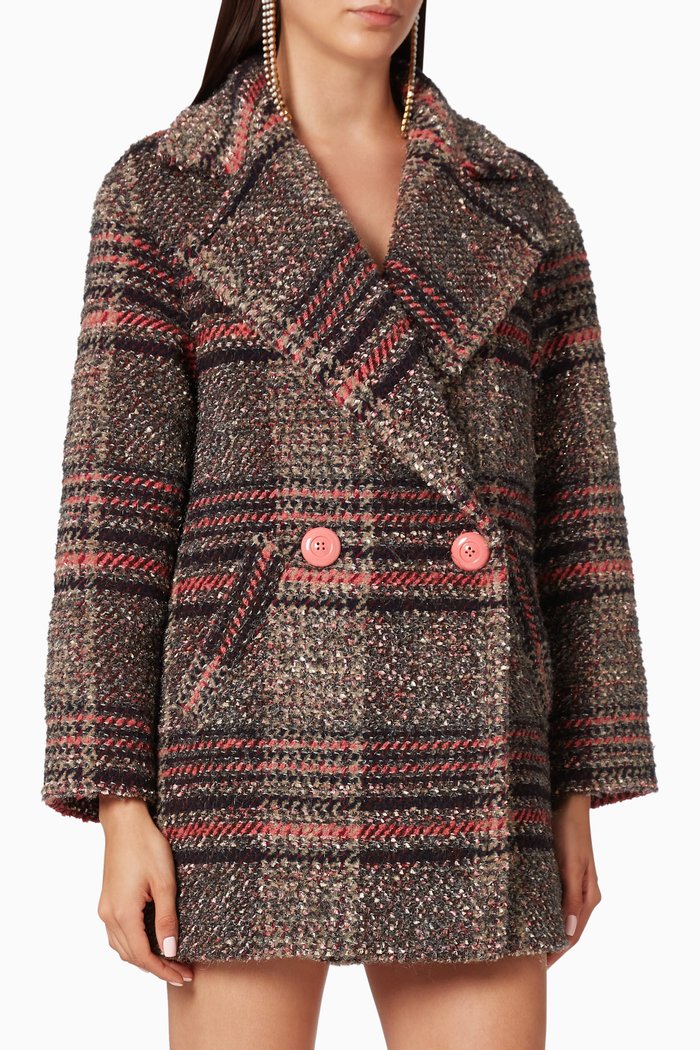 

Lapels Check Thick Yarn Coat, Multicolour