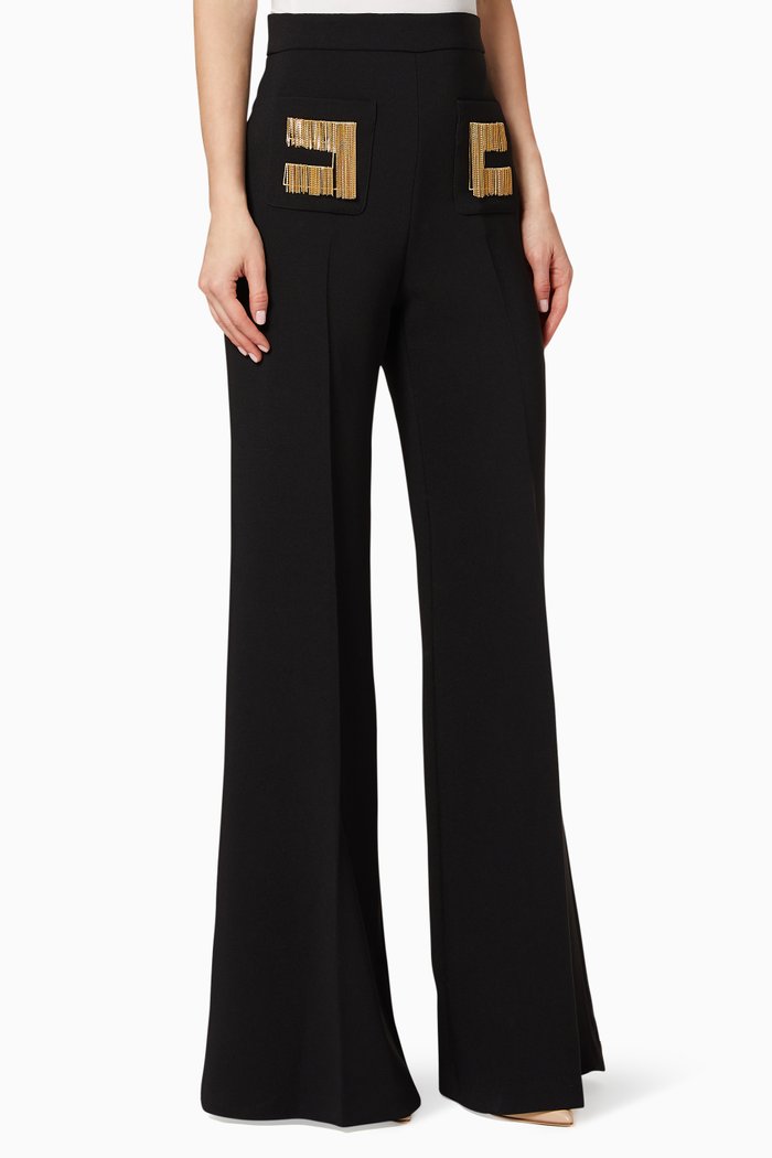 

Fringe Logo Crêpe Bell-Bottom Pants, Black
