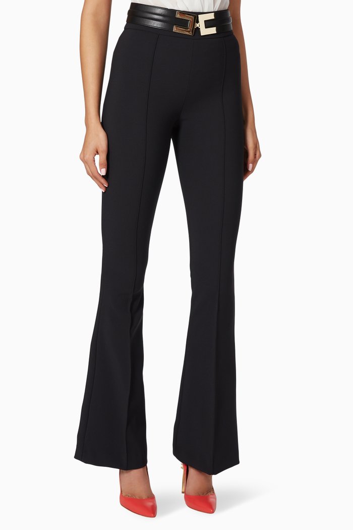 Logo Belt Crêpe Bell-Bottom Pants, Black