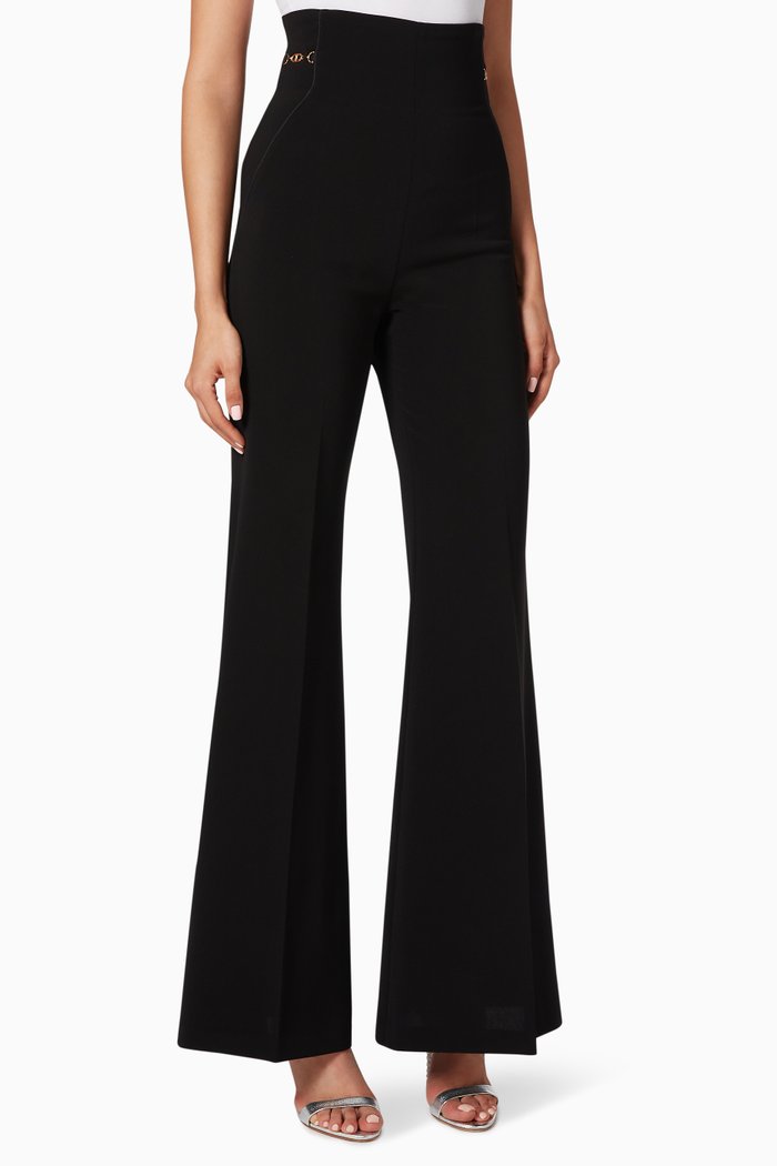

High Waist Crêpe Bell-Bottom Pants, Black