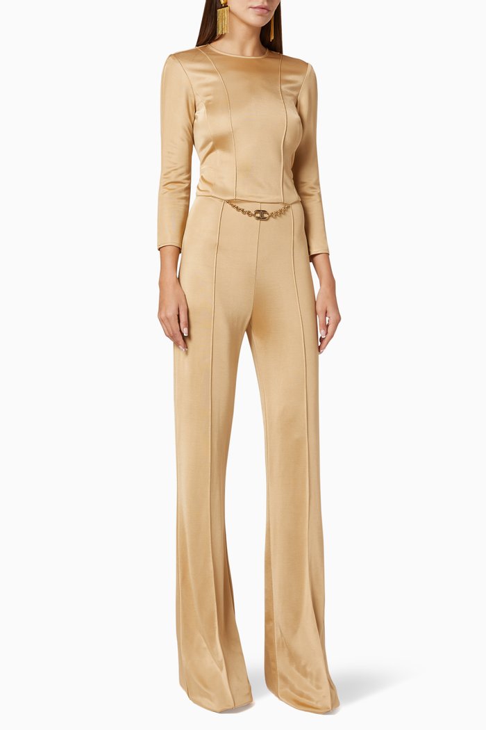 

Bi-Elastic Fabric Jumpsuit, Brown