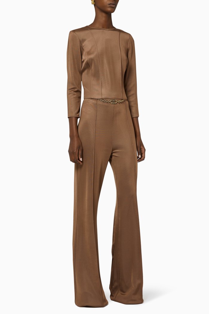 

Bi-Elastic Fabric Jumpsuit, Brown