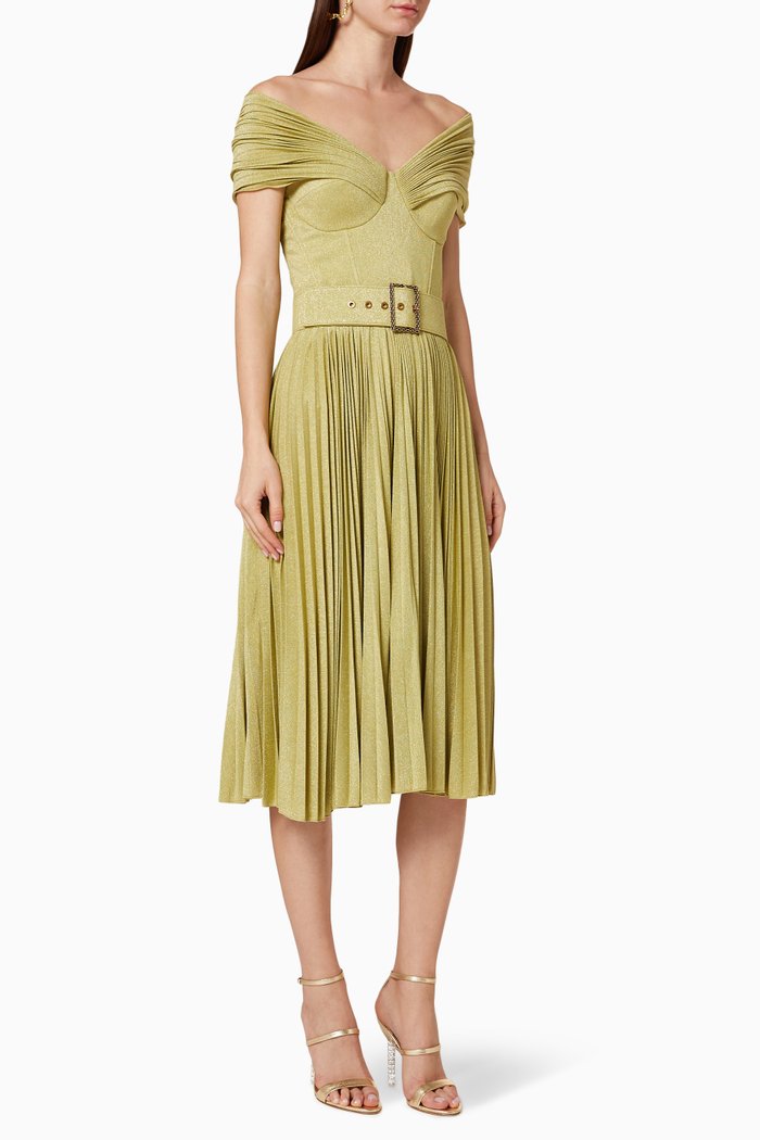 

Pleated Lamé Jersey Midi Dress, Green