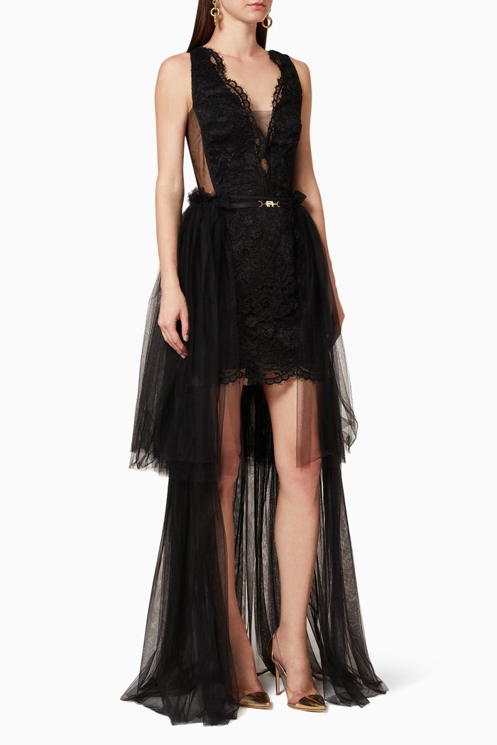 

Detachable Tulle Rebrodé Lace Dress, Black