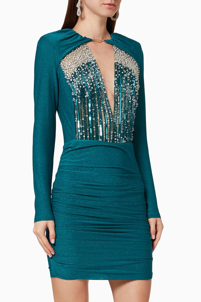 

Sequin Lamé Jersey Mini Dress, Green