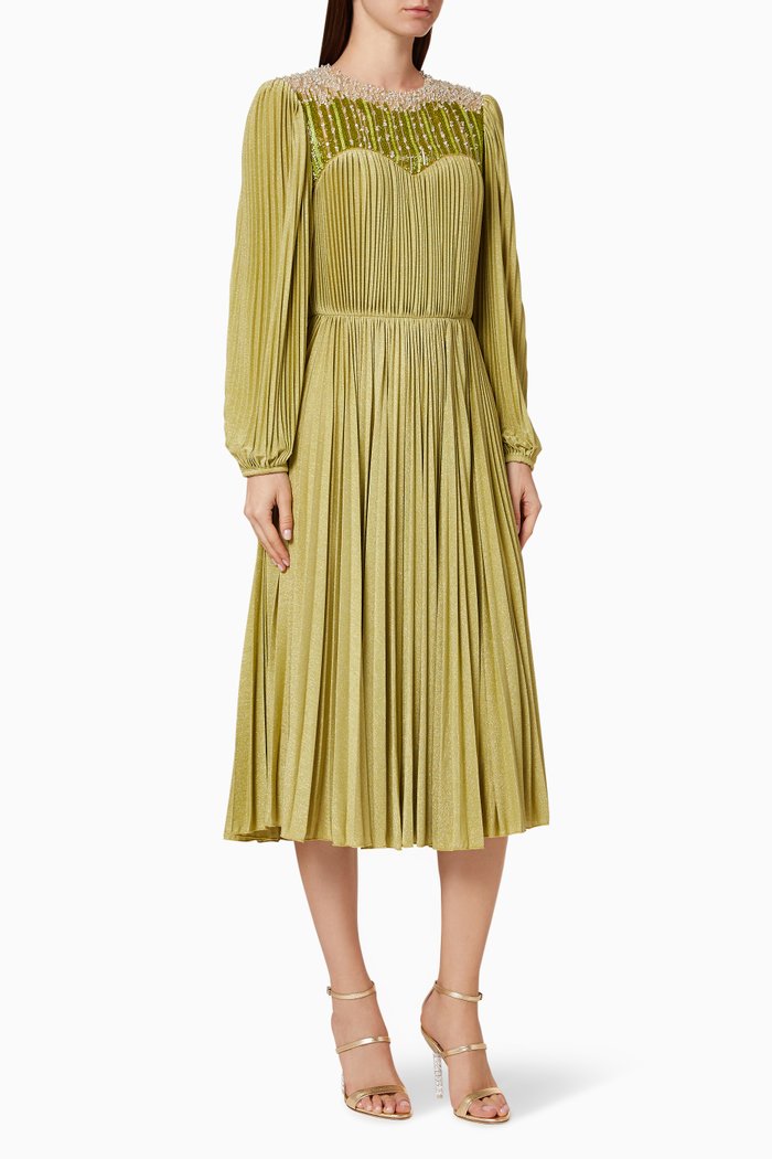 Pleated Lamé Jersey Midi Dress, Green