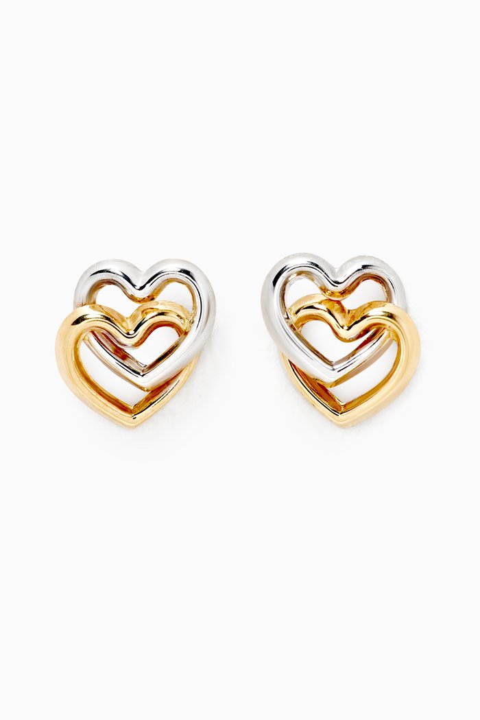 Double Heart Stud Earrings in 18kt Gold, Multicolour