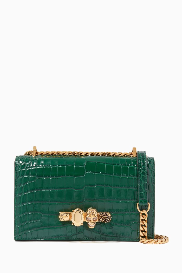 

Small Jewelled Satchel in Croc-Embossed Calfskin, Green