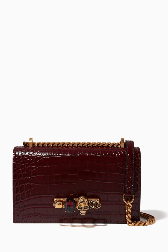 

Jewelled Satchel in Croc-embossed Leather, Red