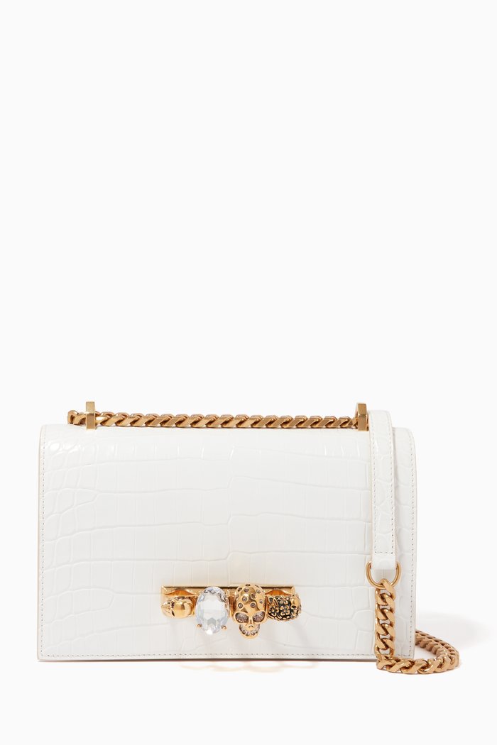 

Jewelled Satchel in Croc-embossed Leather, White