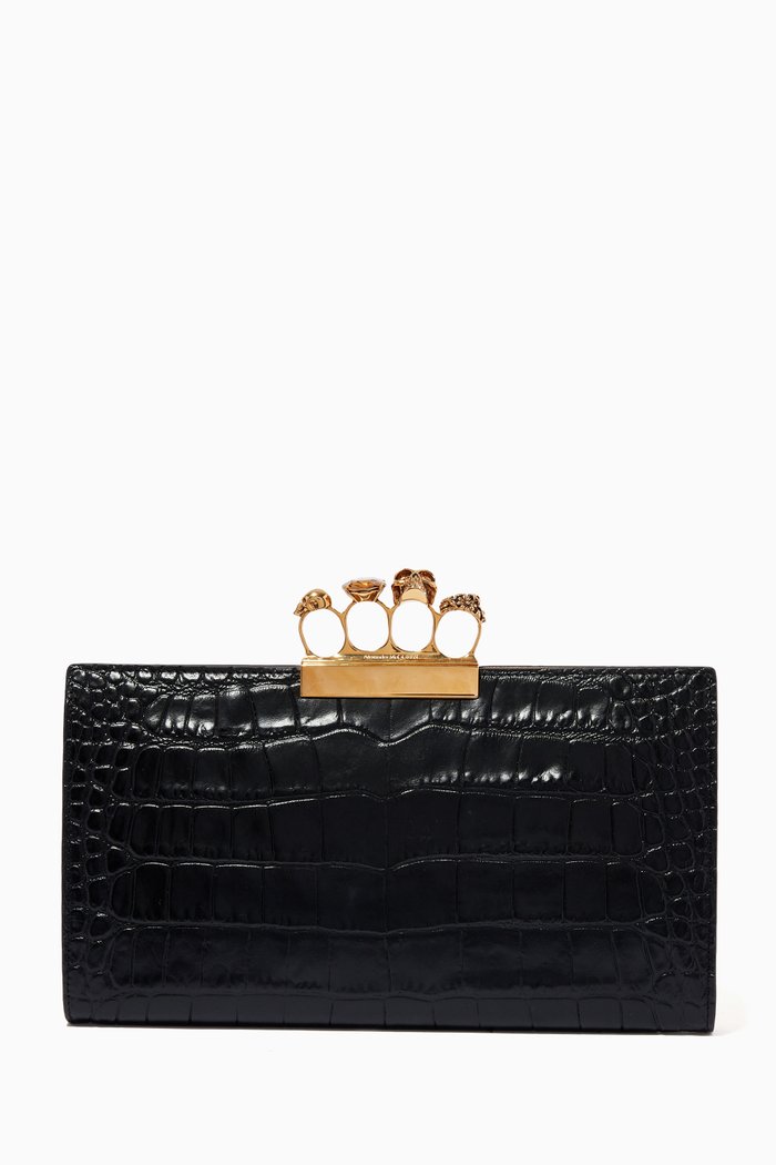 

Skull Four-ring Flat Pouch in Croc-embossed Leather, Black