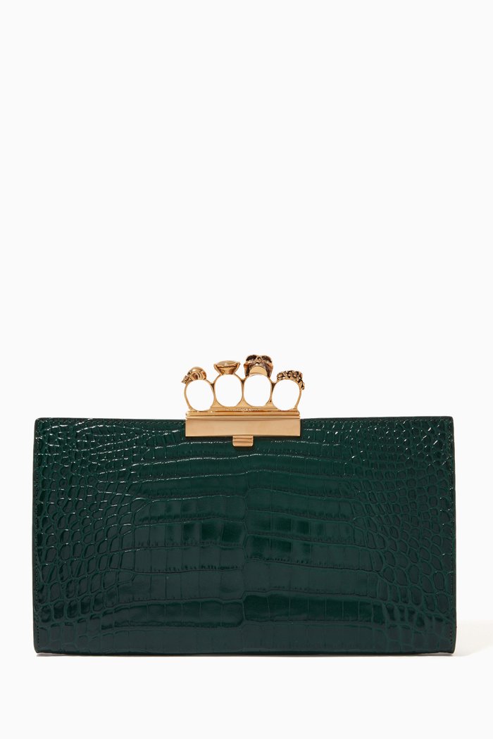 

Four Ring Flat Pouch in Croc-embossed Leather, Green
