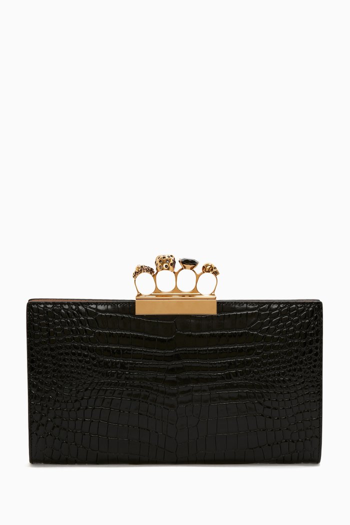 

Four Ring Flat Pouch in Croc-embossed Leather, Black
