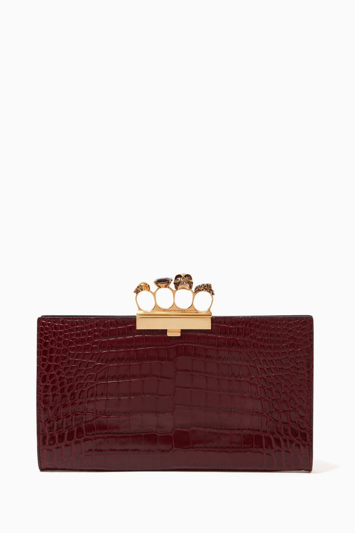 

Four Ring Flat Pouch in Croc-embossed Leather, Red