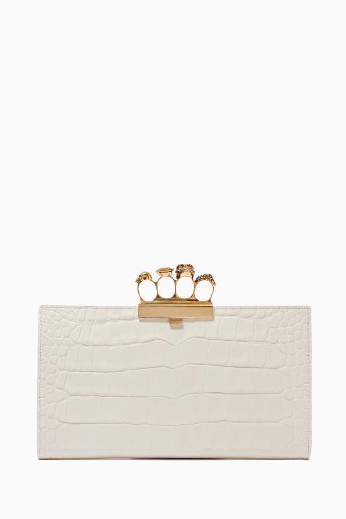 Skull Four-Ring Flat Pouch in Croc-Embossed Calfskin, White