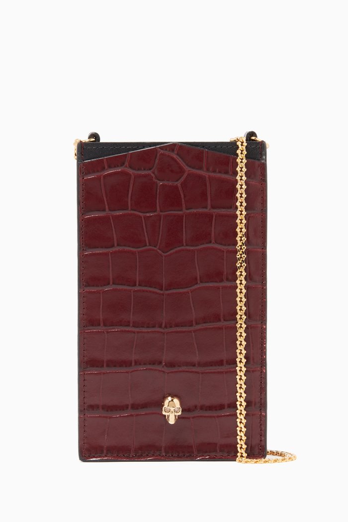 

Skull Phone Case on Chain in Croc-Embossed Calfskin, Red