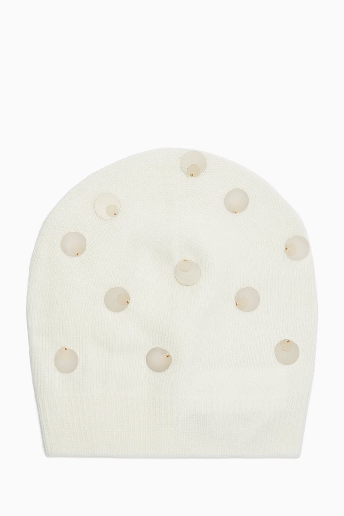 

Fascia Knit Embellished Cap, White